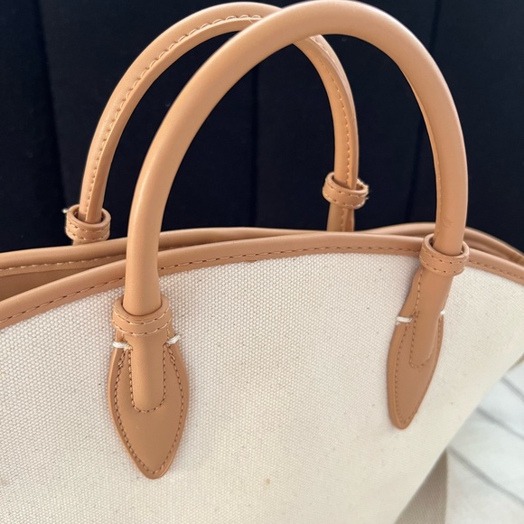 Zara White Tan Small Canvas Tote Bag 👜 - Picture 3 of 4